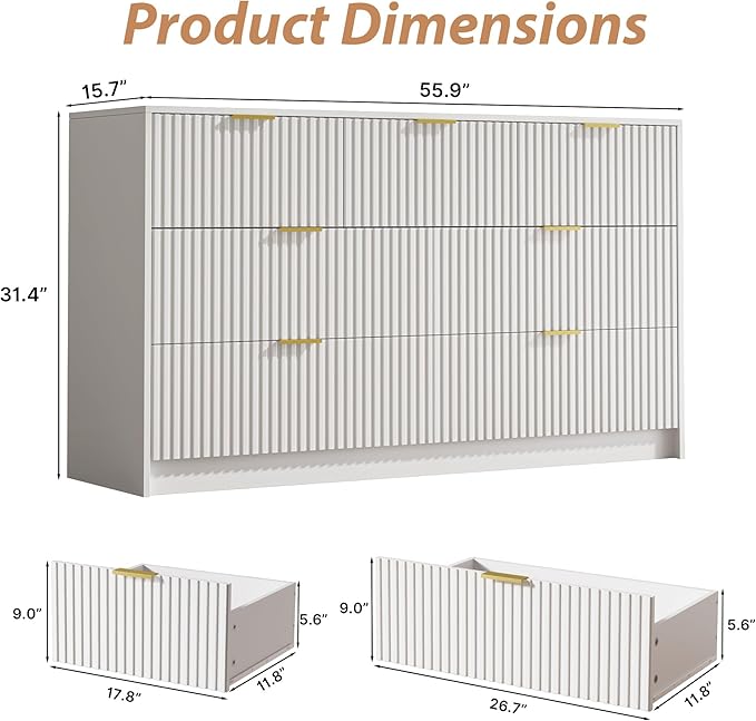 White 7 Drawer Dresser for Bedroom, 55.9" Wide Modern Fluted Dresser with Gold Metal Handles, Wide Chest of Drawers for Bedroom, Living Room, Entryway, Hallway