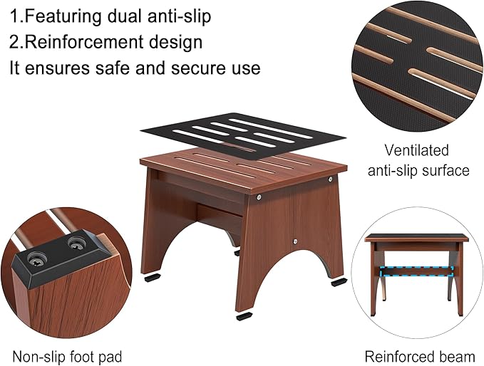 One Step Stool for Adults Seniors with Non-Slip Rubber Stepping Feet, 12" Heavy Duty Wooden Step Stools with 450 LBS Capacity Bed Steps for High Beds, Bathroom, Bedroom, Kitchen & Bedside Support