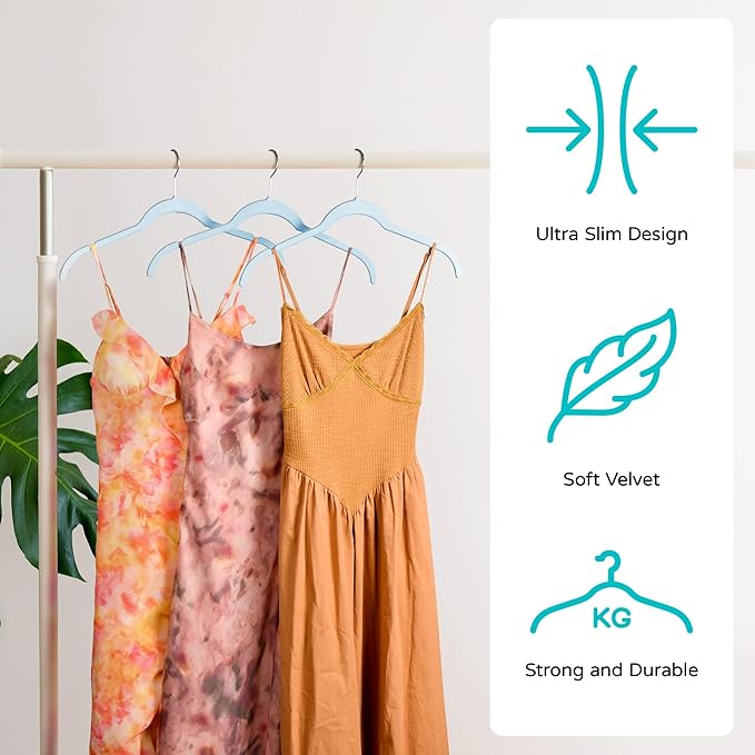 Velvet Hangers 50 Pack – Slim Non-Slip Flocked Clothes Hangers with Notches, Space-Saving Durable Hangers for Dresses, Coats, Blouses(Blue)