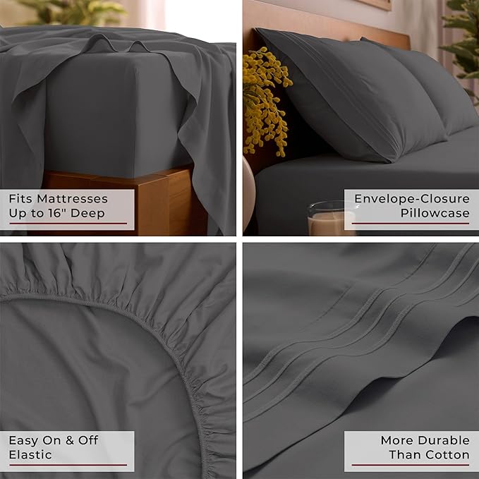 Mellanni Full Sheet Set - 6-Piece Iconic Collection Bedding, (Including 4 Pillowcases), 16-Inch Deep Pocket, Easy Care, Extra Soft, Cooling Sheets, Brushed Microfiber - Gray
