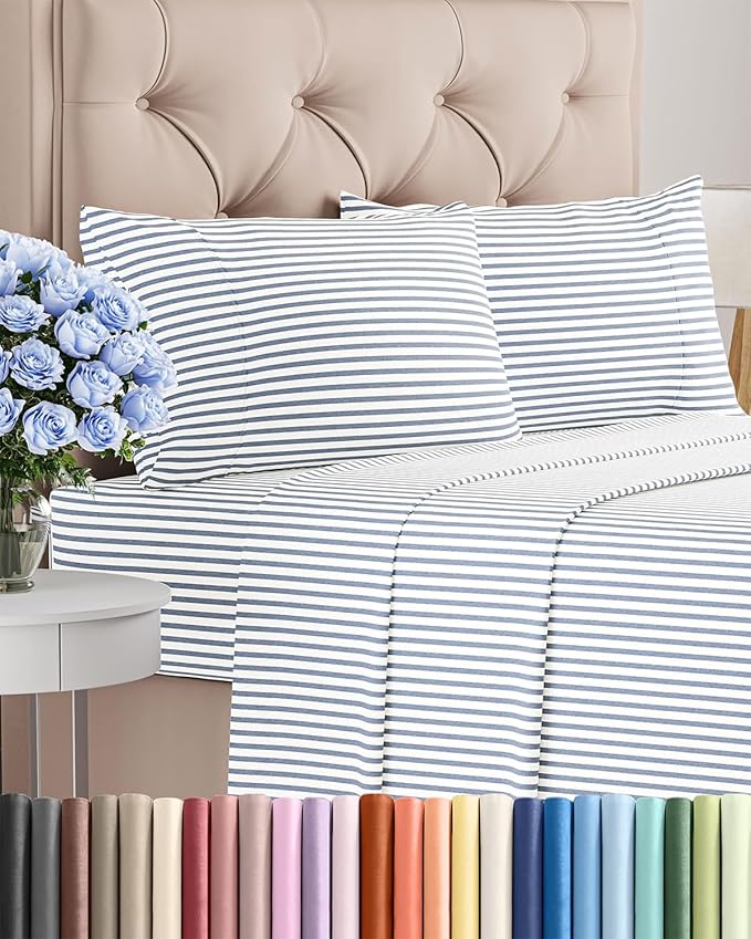 Twin XL 4 Piece Sheet Set - Cooling, Comfy & Breathable - Hotel Luxury Bedding Includes Fitted Sheet for Women, Men, Kids & Teens - 1 Flat, 1 Fitted Sheet, 2 Pillowcases w/Deep Pockets - Blue Stripes