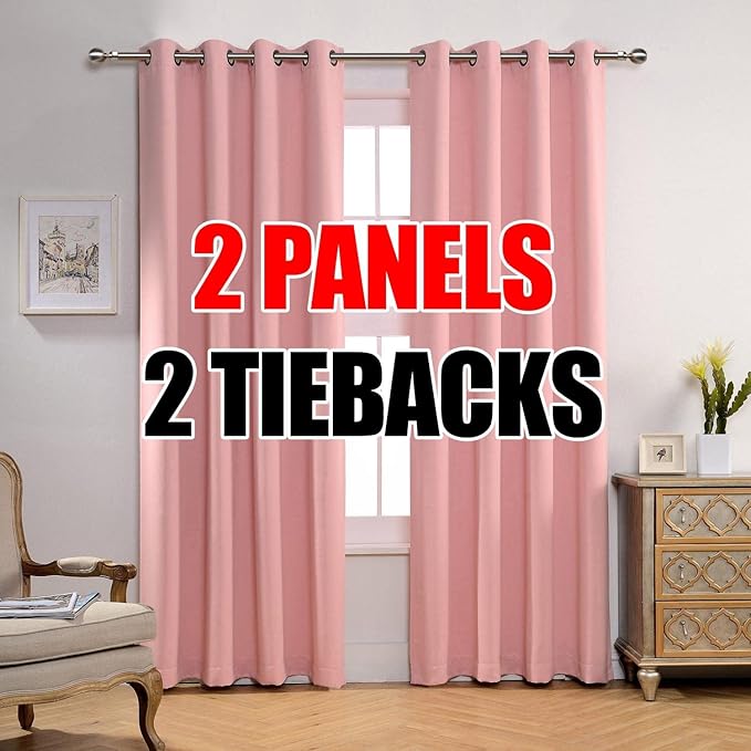 MIUCO Room Darkening Soild Grommet Blackout Curtains for Kids Bedroom Window Curtains Set of 2 52x84 Inch Pink, Bonus 2 Tie Backs Included