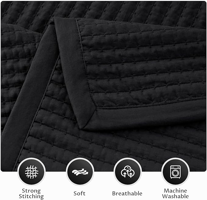 KASENTEX Twin Quilt Set 68"x86" – Soft Washed 3-Layer Lightweight Bedspread, Minimalist Nordic Design, All-Season Spring & Summer Quilt Set (1 Quilt + 2 Pillow Shams), Jet Black