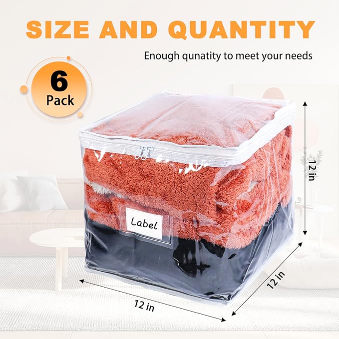 Clear Zippered Storage Bags Plastic Sweater Storage Bags with Zipper 6 Packs Clothing Organizer for Blankets Linen Sweater Bed Sheet Quilt Clothes Pillow (12 x 12 x 12 Inch)