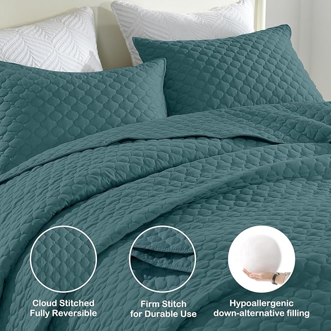 HORIMOTE HOME Quilt Twin Size Teal Blue, Lightweight Quilt for Summer Ultra-Soft Microfiber Modern Style Quilted Clouds Pattern Bedspread Quit Set 2 Pieces (1 Quilt and 1 Pillow Sham)