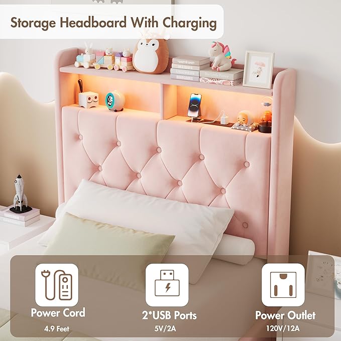 Twin LED Bed Frame with Storage Headboard & Charging Station, Velvet Fabric Platform Bed Frames with 3 Drawers, Button Tufted Upholstered, No Box Spring Needed, Pink