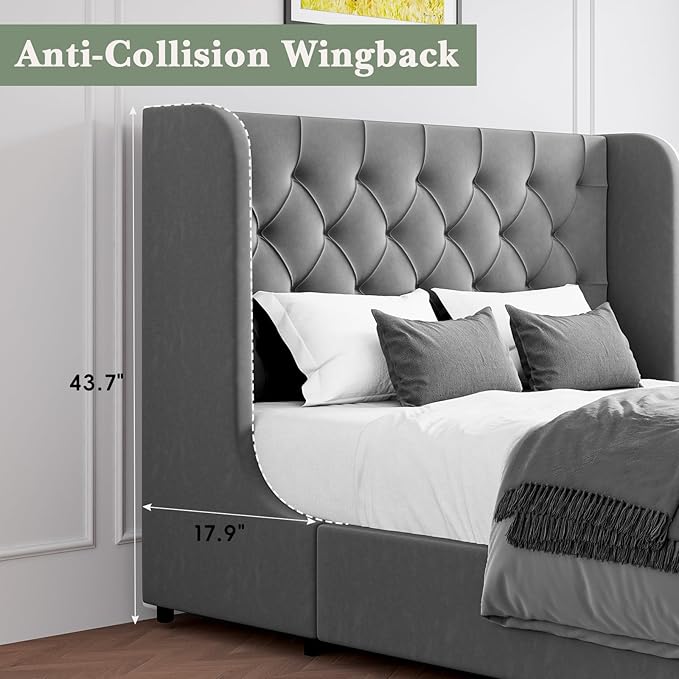 HOMBCK Full Size Bed Frame, Grey Upholstered Platform Bed Frame with Headboard, Velvet Tufted, Curved Wingback Design, Wooden Slats, No Box Spring, Noise Free, Easy Assembly