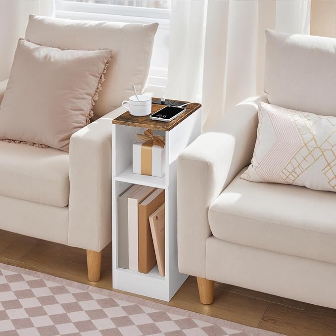 Narrow Nightstand, Slim End Table with Charging Station and LED Sensor Light, Modern Side Table, Bedside Table, for Small Spaces, Living Room, Bedroom, Rustic Brown and White ETBR30E01
