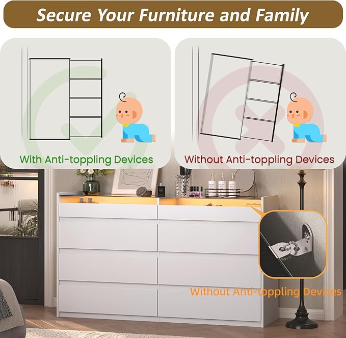 White 8 Drawer Dresser for Bedroom, Modern Chest of Drawers, Jewelry Dresser Display with Glass Top and LED Light, Dressers Organizer for Bedroom, Closet, Living Room