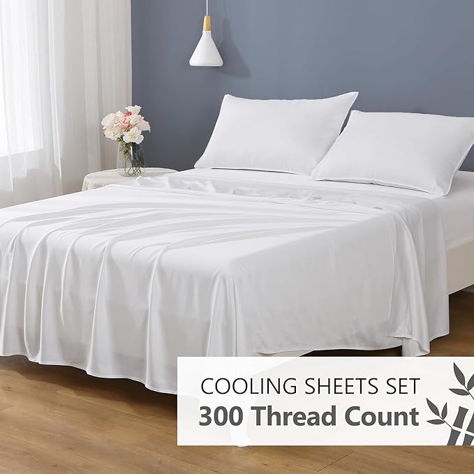 Linen World Cooling Bed Sheets Set Cal King Size,100% Organically Grown Viscose Sheets,Deep Pocket Up to 16",4 Pieces Silky Soft,Breathable Bedding Sheets & Pillowcases(White,Cal King)