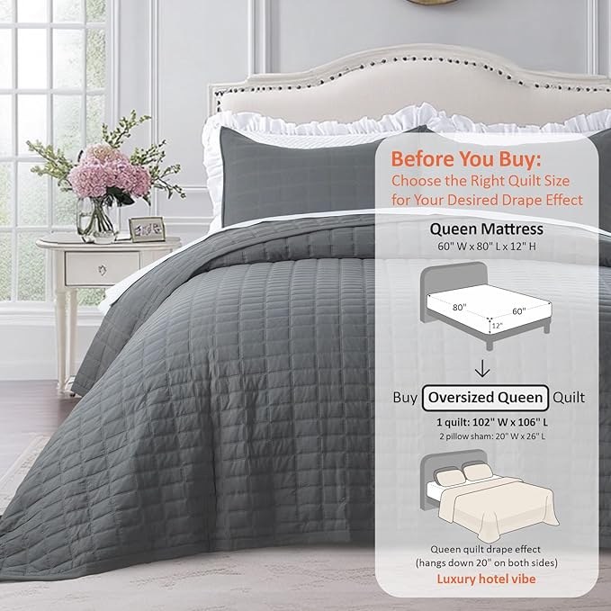 KASENTEX Oversized Queen Quilt Set 102"x106" – Soft Washed 3-Layer Lightweight Bedspread, Minimalist Nordic Design, All-Season Spring & Summer Quilt Set (1 Quilt + 2 Pillow Shams), Dark Grey
