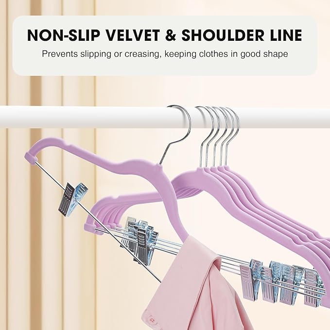 24-Pack Purple Velvet Hangers with Clips Adjustable,Adult Hangers,Heavy-Duty,Felt,Non-Slip,Space Saving,Slim Outfit Hanger for Pants, Skirts, Suits,Coats, Dresses ect.
