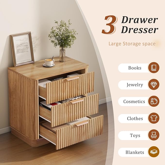 LYNCOHOME Fluted Night Stand Set of 2, Large 3 Drawer Nightand, Wood Bedside Table, Multifunctional Bed Side Table & End Table, Dresser for Bedroom, Living Room Closet, Natural