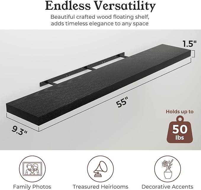 Floating Shelves for Wall, 9.3" Deep Wall Mounted Wood Shelves for Bathroom, Bedroom, Living Room, Kitchen, Hanging Shelf for Books/Storage/Room Decor (Black, 55")