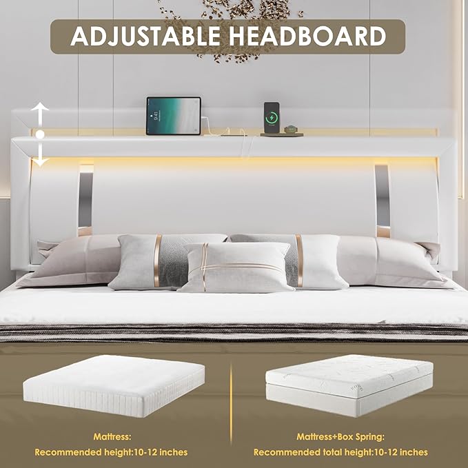 Keyluv King Size Bed Frame with RGB LED Lights & 2 Storage Drawers, Modern Upholstered Platform Bed with Iron Metal Decor, USB Charging Ports, White