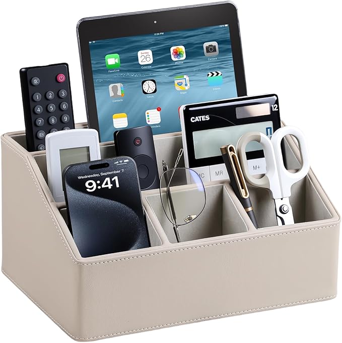 MEIBOOCH PU Leather Desk Organizer, Luxury Remote Control Holder for Home, Office Desk Accessories Table Caddy Bedside Nightstand Organizer (Dark Beige)