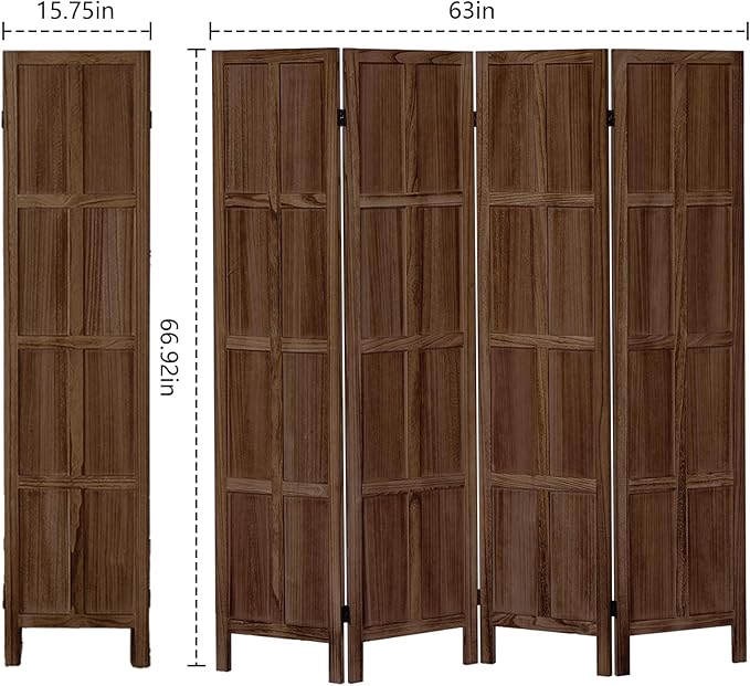 Leesinwing Wood Room Divider 4 Panel Folding Privacy Screen, Classic 5.6Ft Indoor Wooden Partition, Portable Partition Wall Divider for Room Separation, Home, Office, Bedroom, Restaurant (Brown)