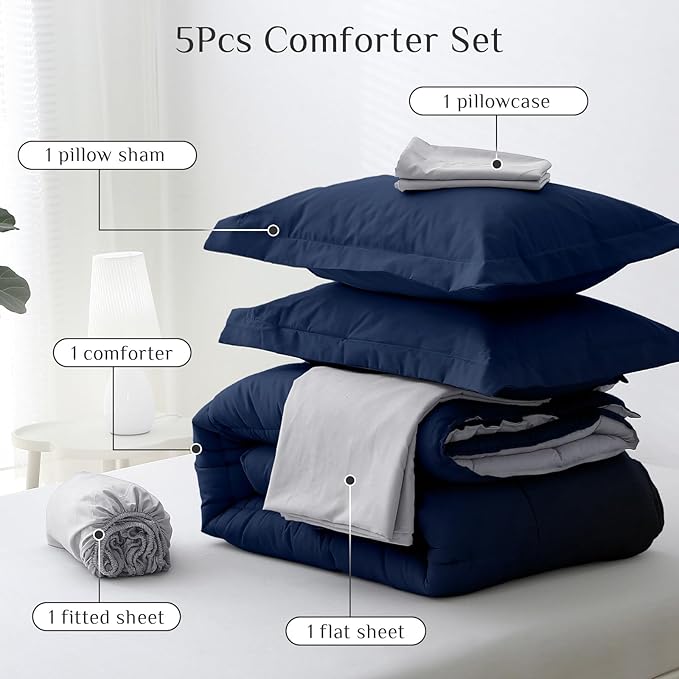 JOLLYVOGUE Twin Comforter Set, Ultra-Soft Bed in a Bag Twin Size 5 Pieces, Oeko-TEX Certified Bedding Set with Down Alternative Comforter, Sheets, Pillowcases & Shams, Navy Blue & Light Grey