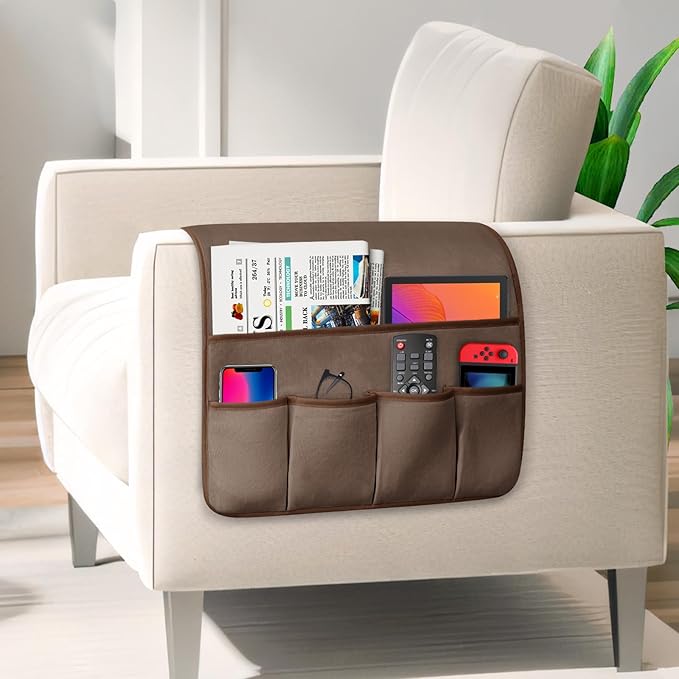 TV Remote Control Holder Couch Caddy, Non-slip Bedside Caddy Organizer with 5 Pockets for Key Glasses Phone Magazine Holders (Brown, 35''x18'')