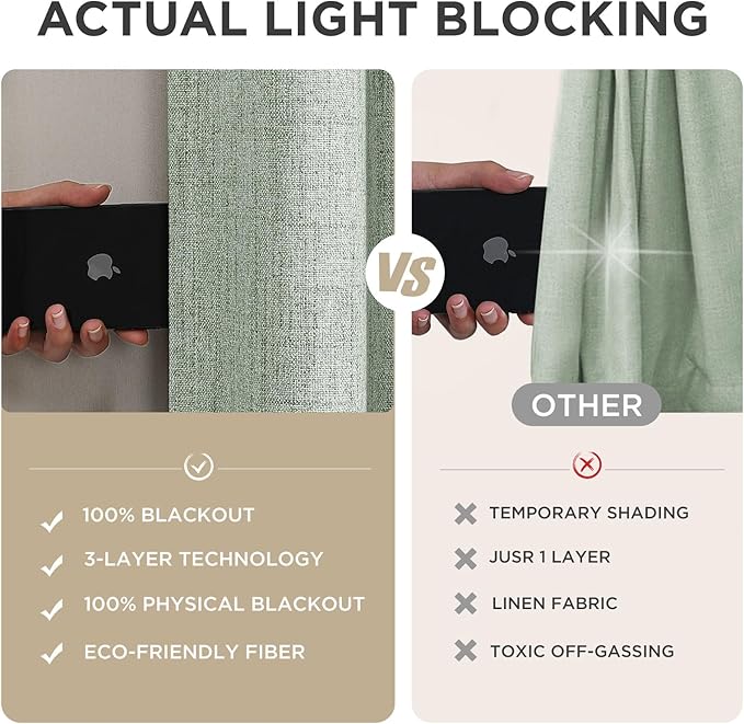 Joydeco Linen Blackout Curtains for Bedroom - 100% Light Blocking 1 Panels, Sage Green Drapes 70" W x 96" L, Thermal Insulated Room Darkening Curtains for Living Room, Rod Pocket & Back Tabs