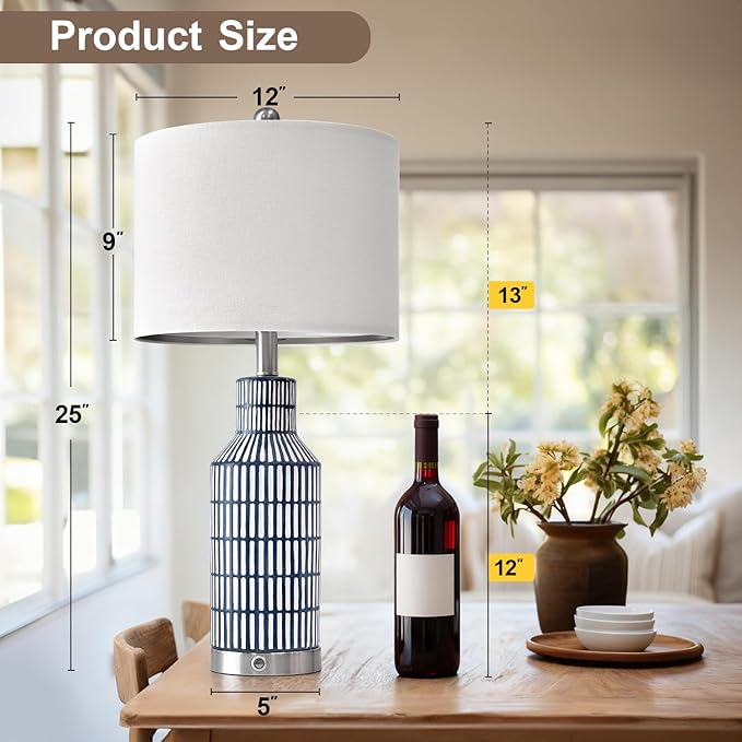 25" Modern 3-Way Dimmable Touch Control with USB A+C Ceramic Lamps Set of 2 Table Lamp for Living Room Bedroom Farmhouse Nightstand Bedside Blue