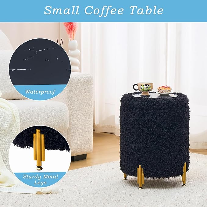 Mxfurhawa Round Ottoman Foot Stool with Storage and Metal Legs for Living Room Bedroom, Velvet Upholstered Footrest Stool Support 300lbs Modern Padded Seat Ottoman Coffee Table (Black-Long Wool)