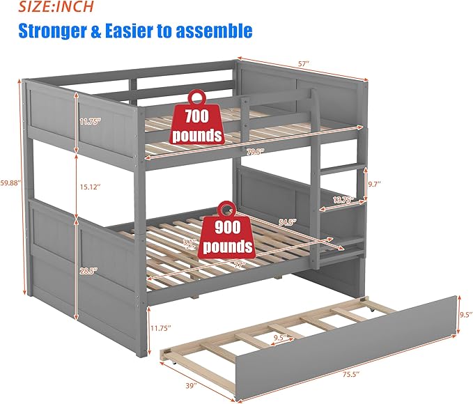 TSAMPA Latest Upgraded & Stronger Heavy Duty Solid Wood Full Over Full Bunk Bed with Trundle, Thickened Safer Convertible Bunk Bed Frame Full Over Full Size Bunk Bed (Easier to Assemble) (Gray), Grey