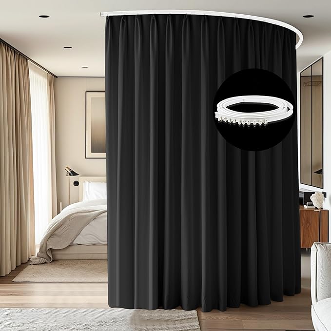Room Divider Ceiling Mounted Curtains Track Sets Extra Wide Blackout Curtain Flexible Tracks for Bedroom Office Privacy Partition Separator, Black, W 12.5 x H 7ft