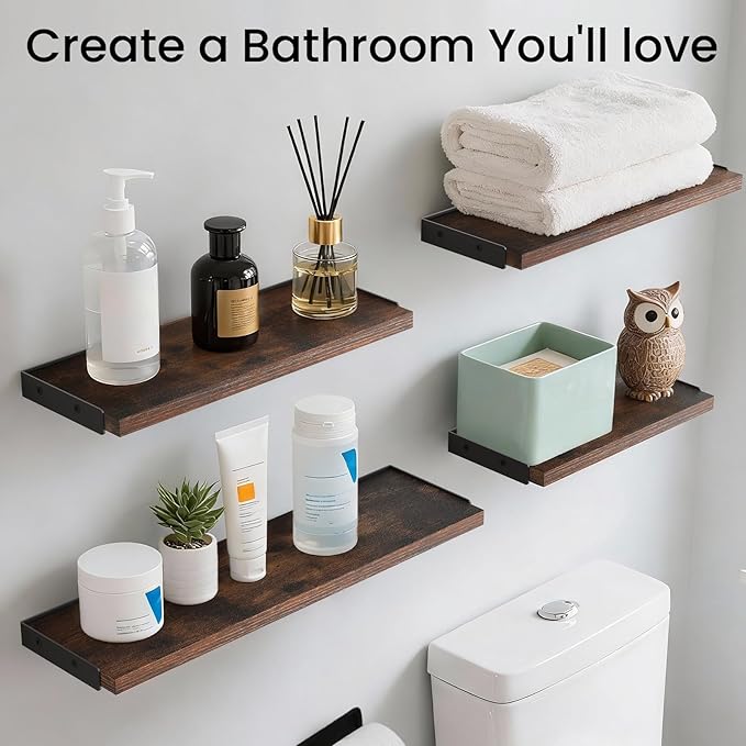 BAYKA Floating Shelves for Wall, Book Shelf for Bedroom, Decor Shelves for Living Room Kitchen, Mounted Wood Floating Shelf for Home Decor, Corner Shelf for Bathroom, Office(Dark Brown,Set of 4)
