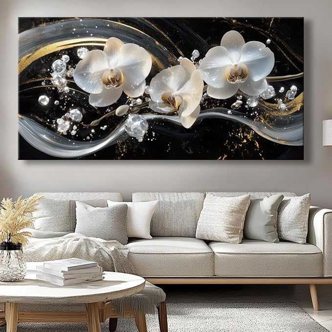 White Orchid Canvas Wall Art - Modern Floral Picture for Living Room, Bedroom Wall Decor, Framed Wall Art for Home Decoration, Elegant Flower Paintings Ready to Hang, Large Wall Art 60x120cm(24x48in)