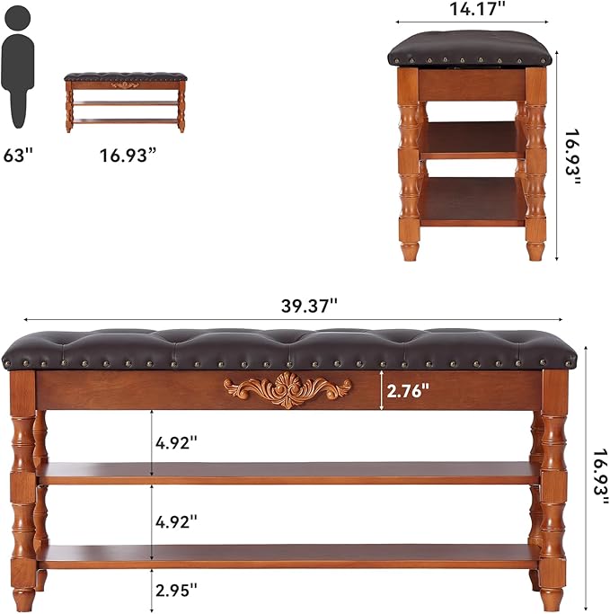 39-inch End of Bed Bench, Faux Leather Tufted Storage Bench with Lift Top Seat and 2 Tier Storage Shelves, Bedroom Bench Footrest Stool with Hidden Storage and Wood Leg, Vintage Style