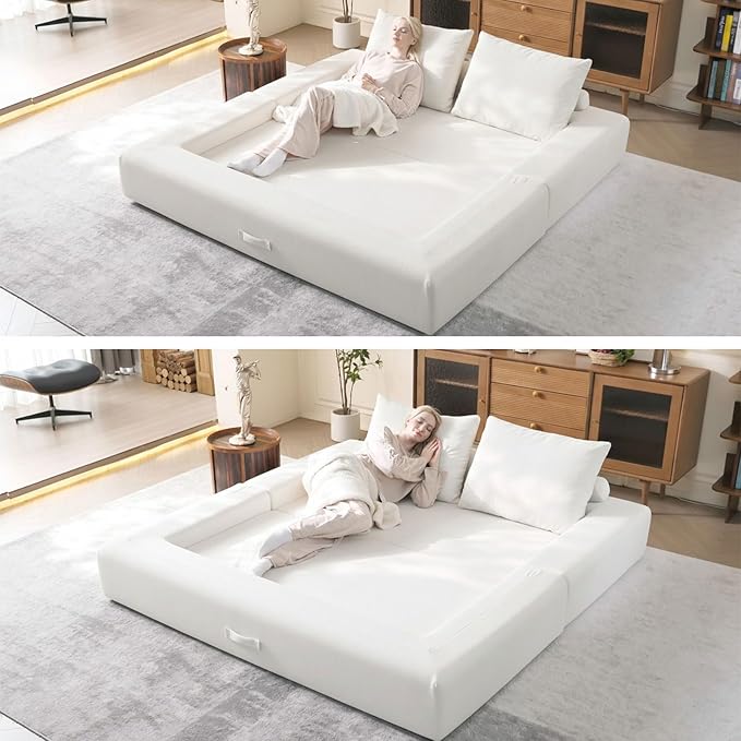 79'' Convertible Sleeper Sofa Bed, 3-in-1 Foldable Floor Couch with Corduroy Upholstery, No Assembly Loveseat, Light Brown Lounge Mattress for Living Room, Studio, Guest Room (White)