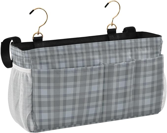 Bedside Caddy Hanging Bunk Bed Caddy Bed Organizer Hanging Pocket with 2 Hooks Bedside Storage Organizer Pocket Bag Holder Grey Plaid