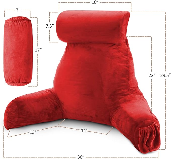 Nestl Reading Pillow with Shredded Memory Foam Includes 2 Neck and Lumber Support Pillows, Designed for Sitting Up in Bed and Couch, Back and Arms Adjustable Support for Adult & Teens, Red