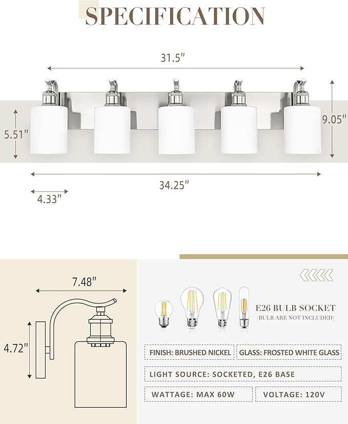 5 Light Bathroom Vanity Light, Brushed Nickel Vanity Lights for Morden Bathroom Lighting Fixtures Over Mirror Wall Light Fixtures with Milky White Frosted Shade ZCVL01BNW-5