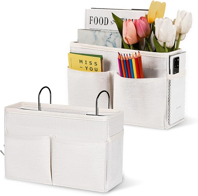 Retyion Bedside Hanging Storage Basket Headboards Bunk Beds Dorm Rooms Organizer Caddy for Storage (2Pack White)