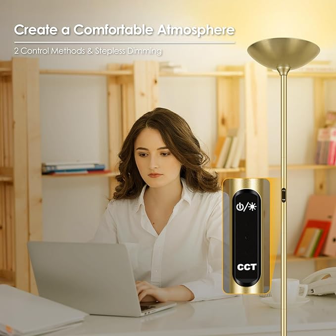 Stepless Dimmable Floor Lamp,30W 3000LM Super Bright LED Torchiere Floor Lamps with Remote & Touch Control,71 In Tall Modern Pole Standing Lamp for Living Room Bedroom Office,2700k-6500k,Golden