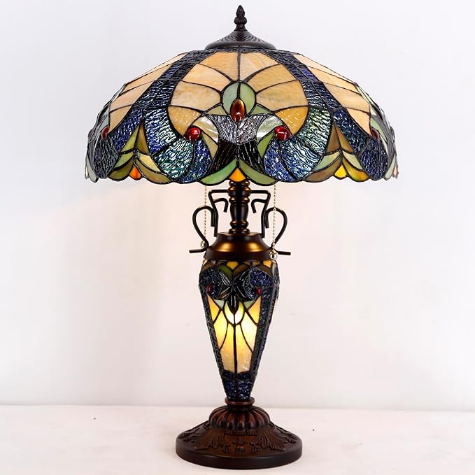 WERFACTORY Tiffany Lamp Yellow Stained Glass Liaison Mather-Daughter Vase Table Lamp 16X16X24 Inch Antique Desk Reading Light Decor Bedroom Living Room Home Office S160E Series