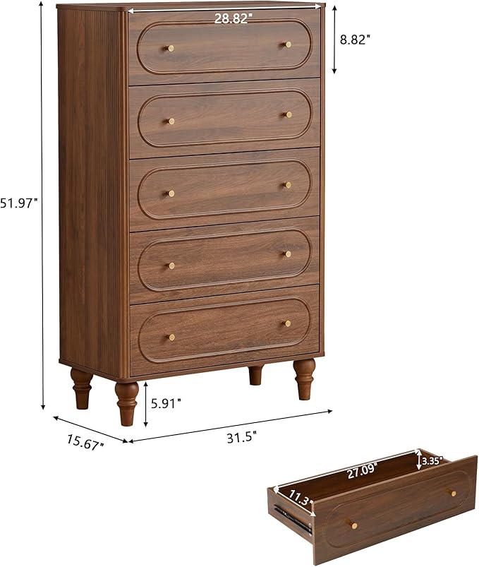Fluted 5 Drawer Dresser for Bedroom Set of 2, Modern Mid Century Chest of Drawers, Wood Storage Large Dresser Organizer for Bedroom Living Room Closet Hallway, Walnut