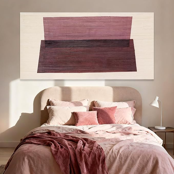 YETHEN WAL Rose Pink Minimalist Wall Art Hand-Painted Line Canvas Painting Aesthetic Artwork for Bedroom Living Room Office 29x58 Inch