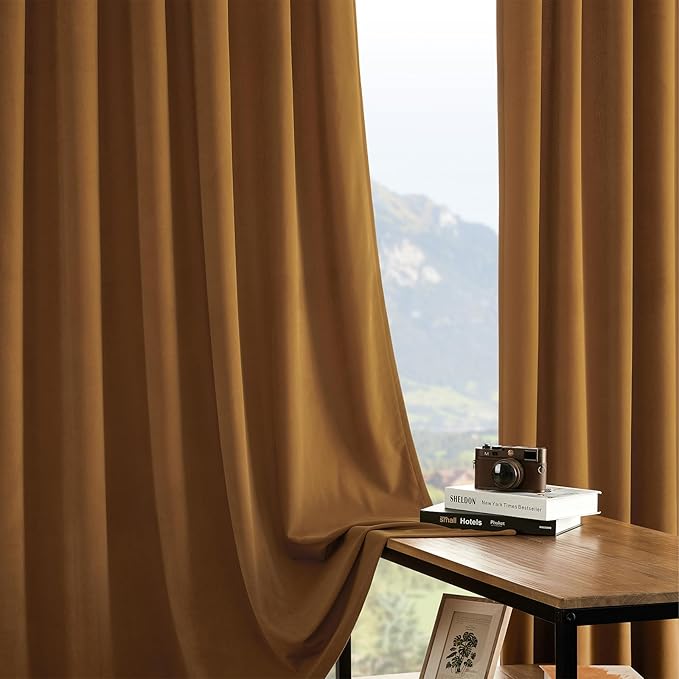 Joydeco Brown Velvet Curtains 102 inch Length 2 Panels, Luxury Blackout Rod Pocket Thermal Insulated Window Curtains, Super Soft Room Darkening Drapes for Living Dining Room Bedroom,W52 x L102 inches