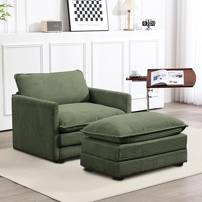 ROWHY Single Armchair with Ottoman, Modern Corduroy Cloud Couch with Convertible Chaise, Upholstered Sofa Set for Living Room, Green