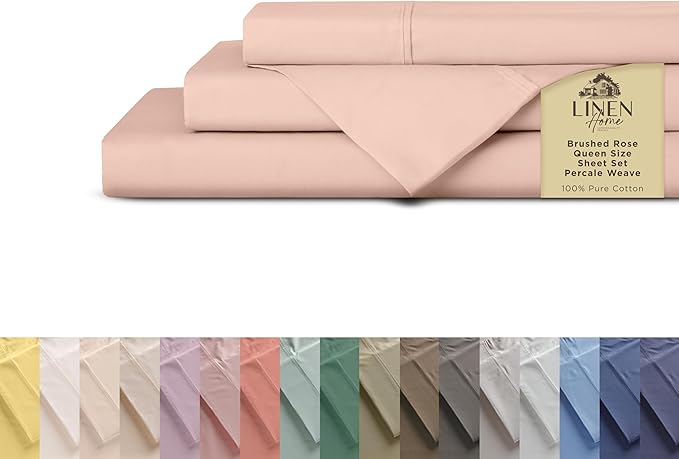 Linen Home 100% Cotton Percale Sheets Queen Size, Brushed Rose, Deep Pocket, 4 Pieces Set - 1 Flat, 1 Deep Pocket Fitted Sheet and 2 Pillowcases, Crisp Cool and Strong Bed Linen