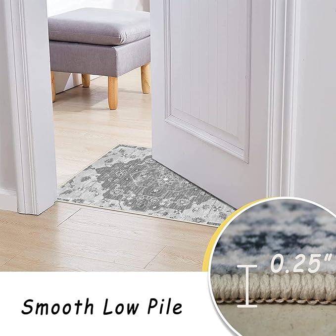 vivorug Grey Runner Rug 2x10 Machine Washable Rug with Non-Slip Backing, Ideal for Kitchen Hallway Entryway Laundry Room - Vintage Floral, Durable, Easy Clean, Low Pile Carpet Runner