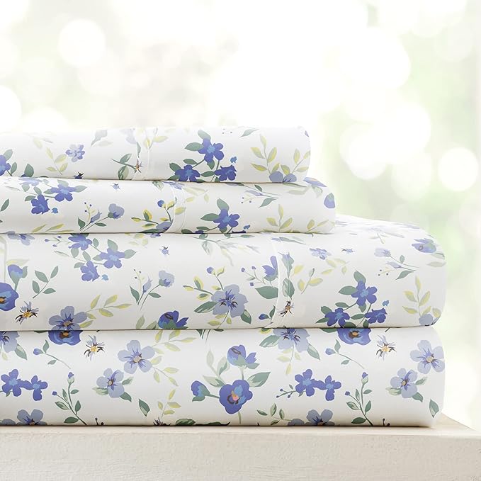 Linen Market Double-Brushed Patterned Microfiber California King Sheet Set 4 Piece – OEKO-TEX Certified Ultra Soft & Wrinkle-Free - 16" Deep Pocket Sheets Easy Care Cal-King Size - Blossoms Light Blue