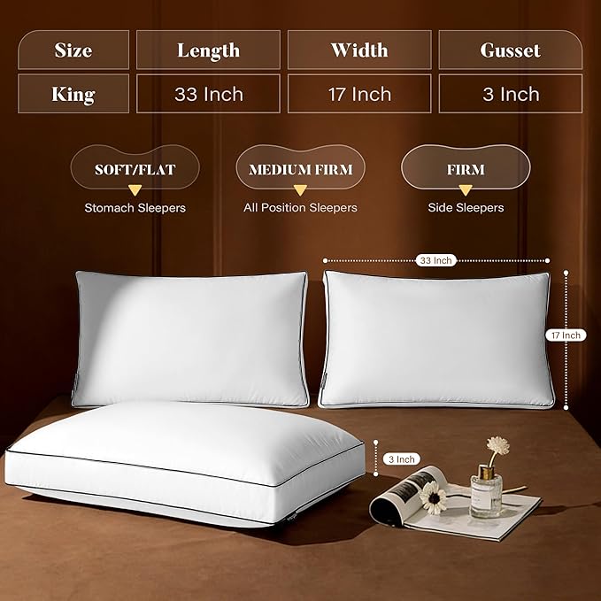 Goose Feather Down Pillow King Size Set of 2, Down Surrounded Hotel Collection Bed Pillows for Sleeping with 3 Inch Gusset, 2 Pack, Fluffy Plush for Side, Back Sleepers 20x36 in.