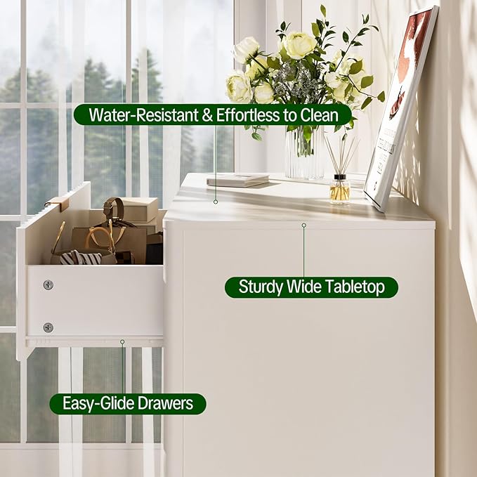 Fluted 5 Drawers Dresser, 48" H Modern Country Storage Dressers with Brushed Metal Handles, Wood Storage Organizers for Living Room, Hallway, White