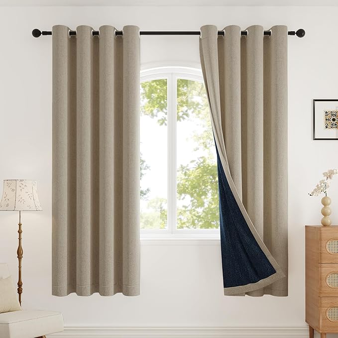 Blackout Curtains for Bedroom, Thermal Insulated Curtains 63 Inch Length Curtain 2 Panels, Soft Farmhouse Linen-Look Textured Full Light Blocking Room Darkening Drapes, W52xL63, Natural