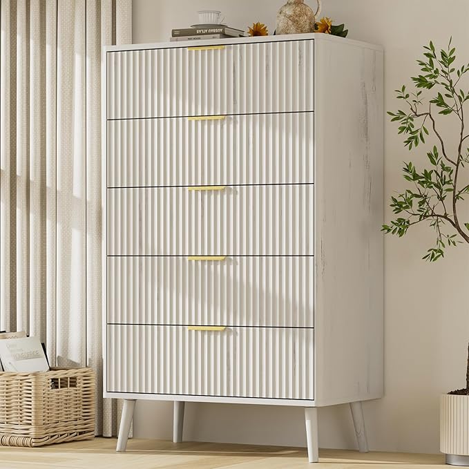 LYNSOM Fluted 5 Drawers Dresser, 45" Tall Modern Chest of Drawers with Curved Profile Design and Metal Handle, Wood Drawer Organizer for Bedroom, Living Room, Hallway, Entryway, White