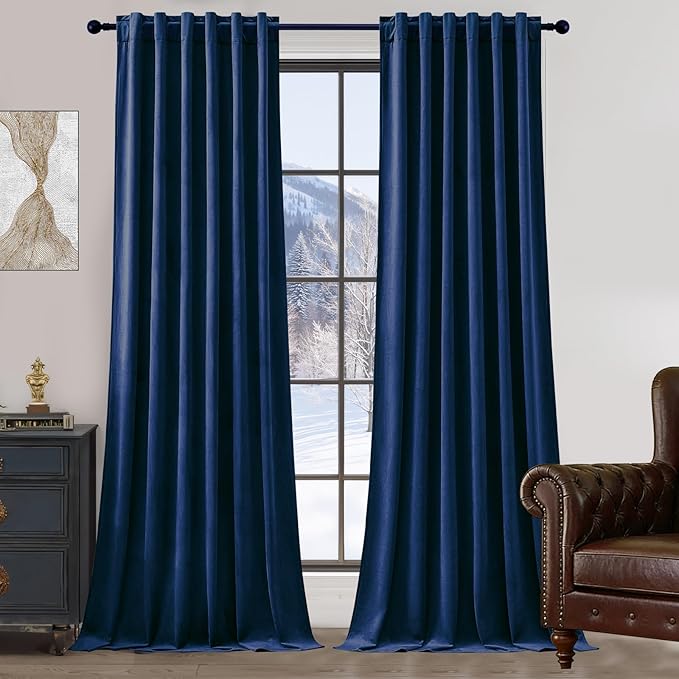 Navy Blue Velvet Blackout Curtains Extra Long Super Soft Room Darkening Drapes Elegant Thermal Insulated Sound Reducing Curtain for Bedroom Living Room, Back Tab Rod Pocket, W52 x L108, 2 Panels